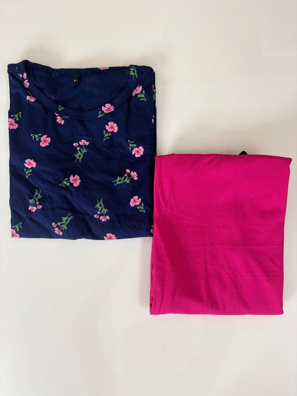 Navy Blue Floral Print Feeding T-Shirt with Hot Pink Palazzo
