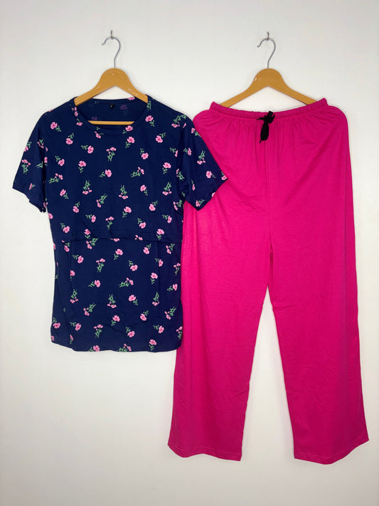 Navy Blue Floral Print Feeding T-Shirt with Hot Pink Palazzo