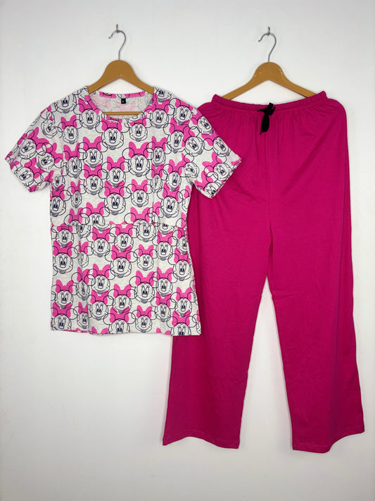 White & Pink Minnie Mouse Print Feeding T-Shirt with Hot Pink Palazzo