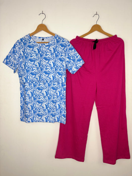 Royal Blue Abstract Print Feeding T-Shirt with Hot Pink Palazzo
