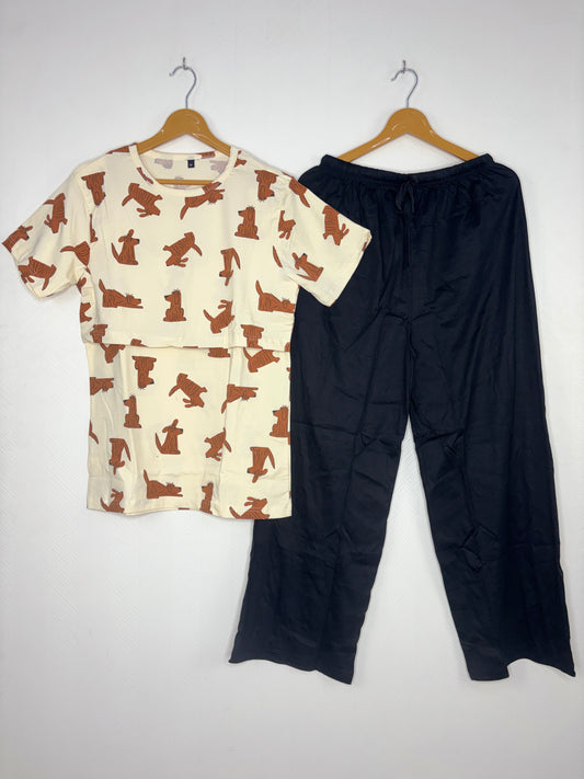 Rust Brown Puppy Print Feeding T-Shirt with Navy Palazzo