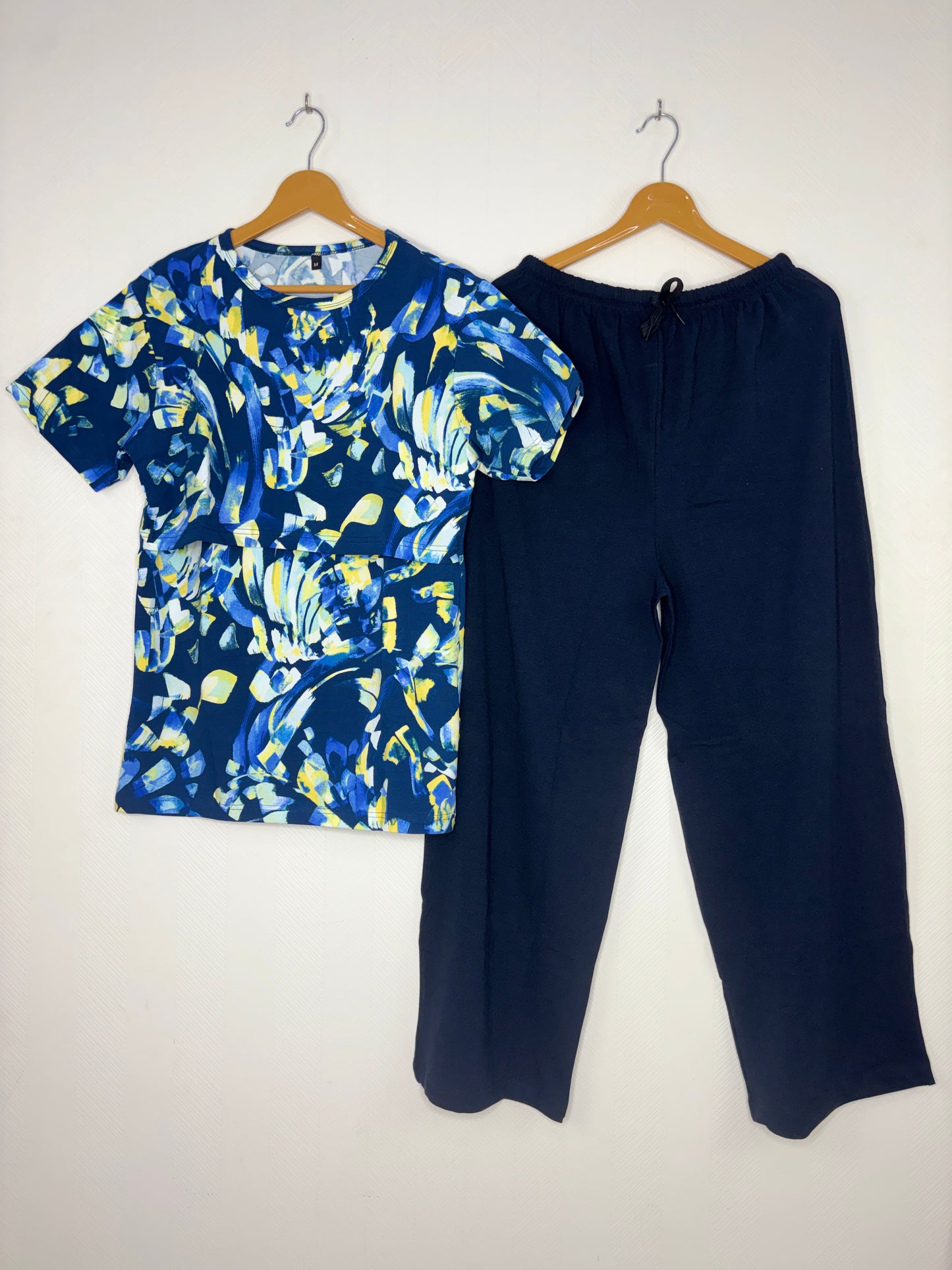 Royal Blue Abstract Brush Print Feeding T-Shirt with Navy Palazzo