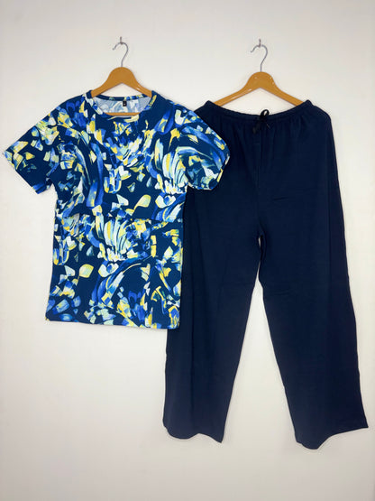 Royal Blue Abstract Brush Print Feeding T-Shirt with Navy Palazzo