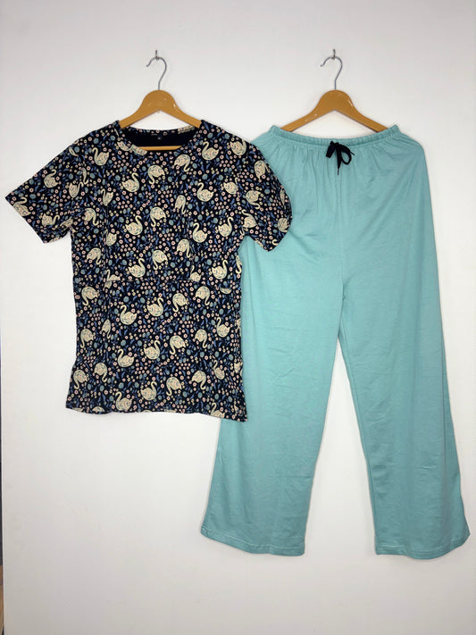 Navy Blue Paisley Floral Print T-Shirt with Aqua Blue Palazzo