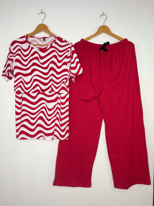 White & Red Wave Print Feeding T-Shirt with Hot Pink Palazzo