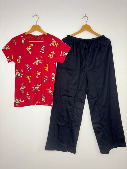 Cherry Red Mickey Print T-Shirt with Black Palazzo