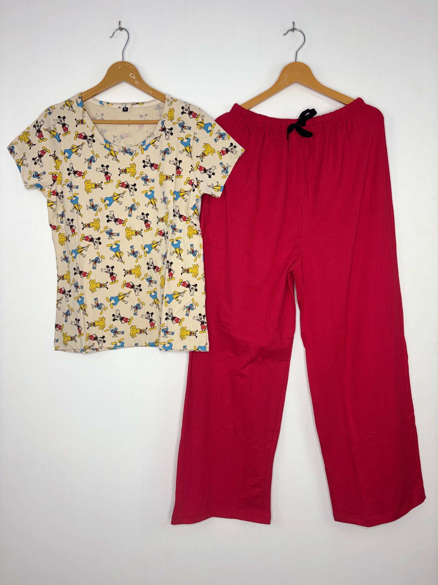 Cream Beige Mickey Print T-Shirt with Hot Pink Palazzo