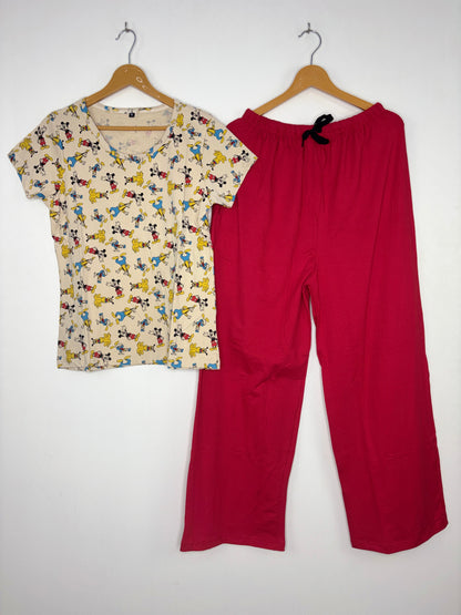 Cream Beige Mickey Print T-Shirt with Hot Pink Palazzo
