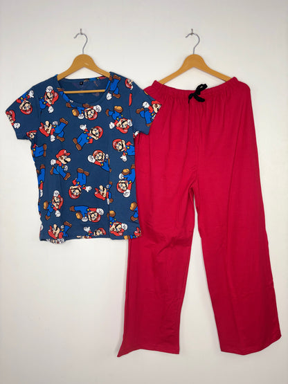 Navy Blue Mario Print T-Shirt with Hot Pink Palazzo