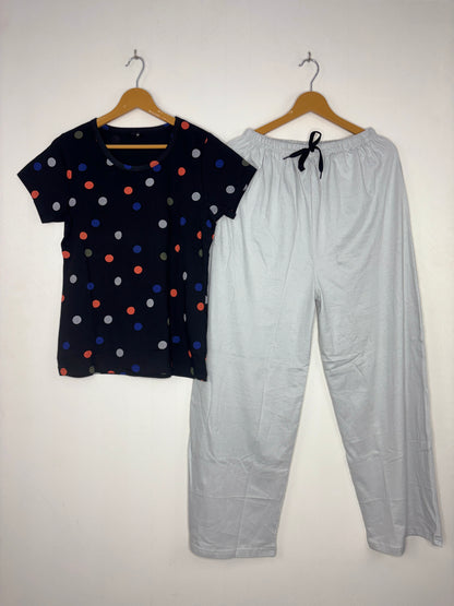 Navy Blue Polka Dot Print T-Shirt with White Palazzo