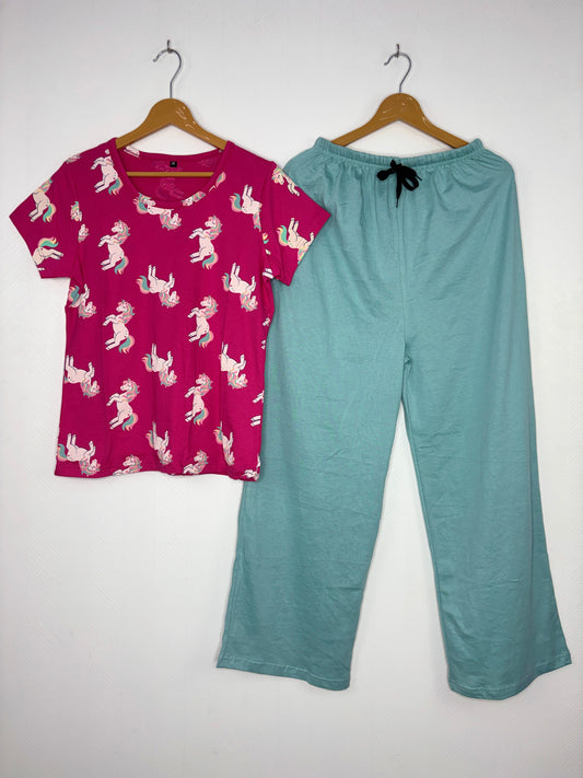 Magenta Unicorn Print T-Shirt with Aqua Blue Palazzo