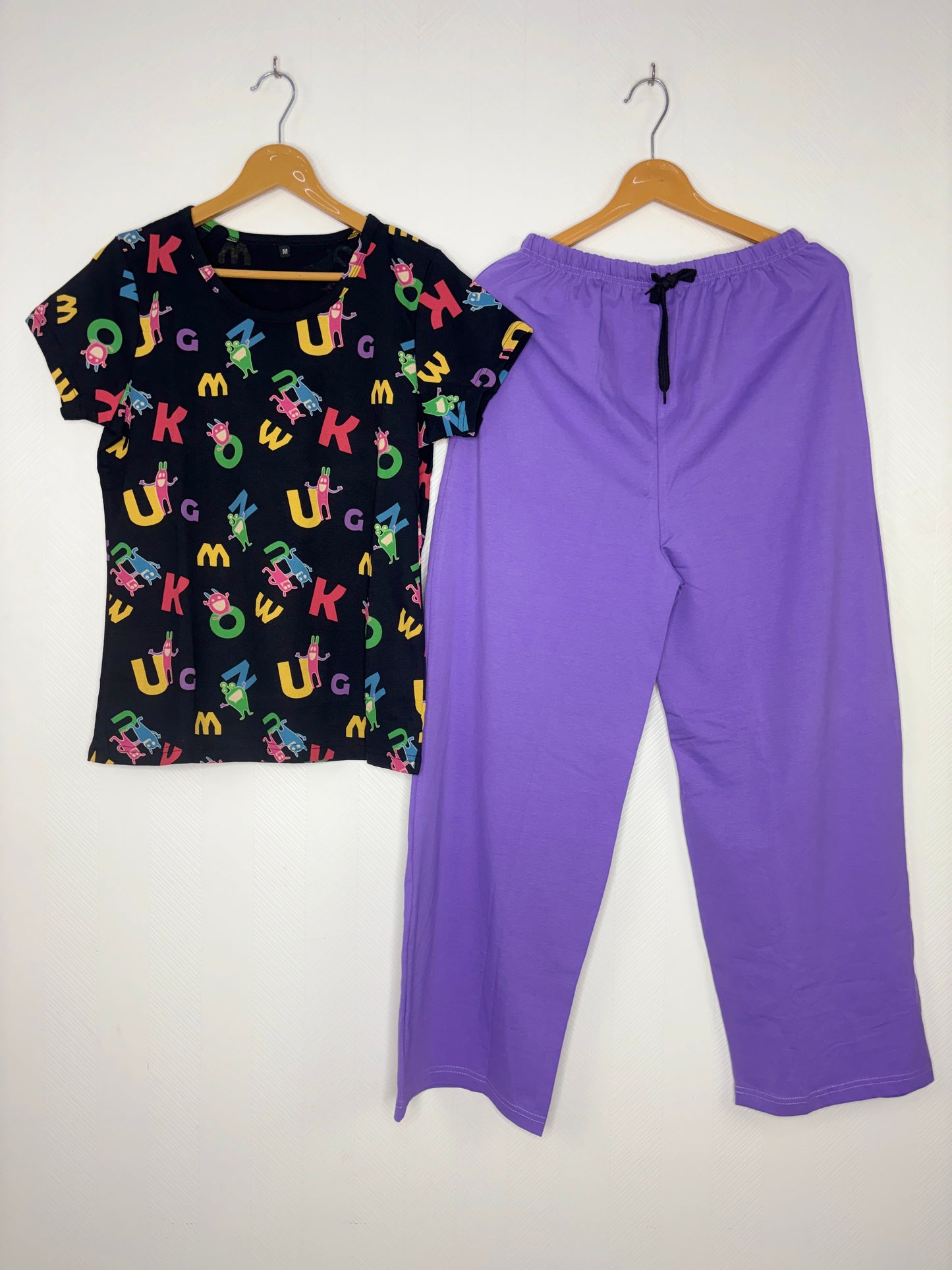 Black Alphabet  Print T-Shirt with Lavender Purple Palazzo