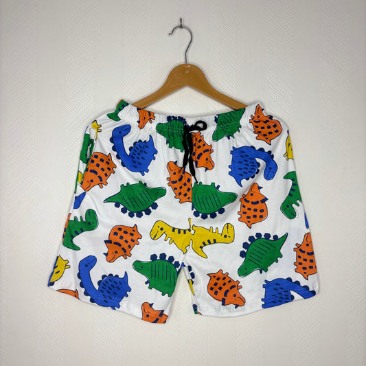 Women’s White Colorful Dinosaur Printed Shorts