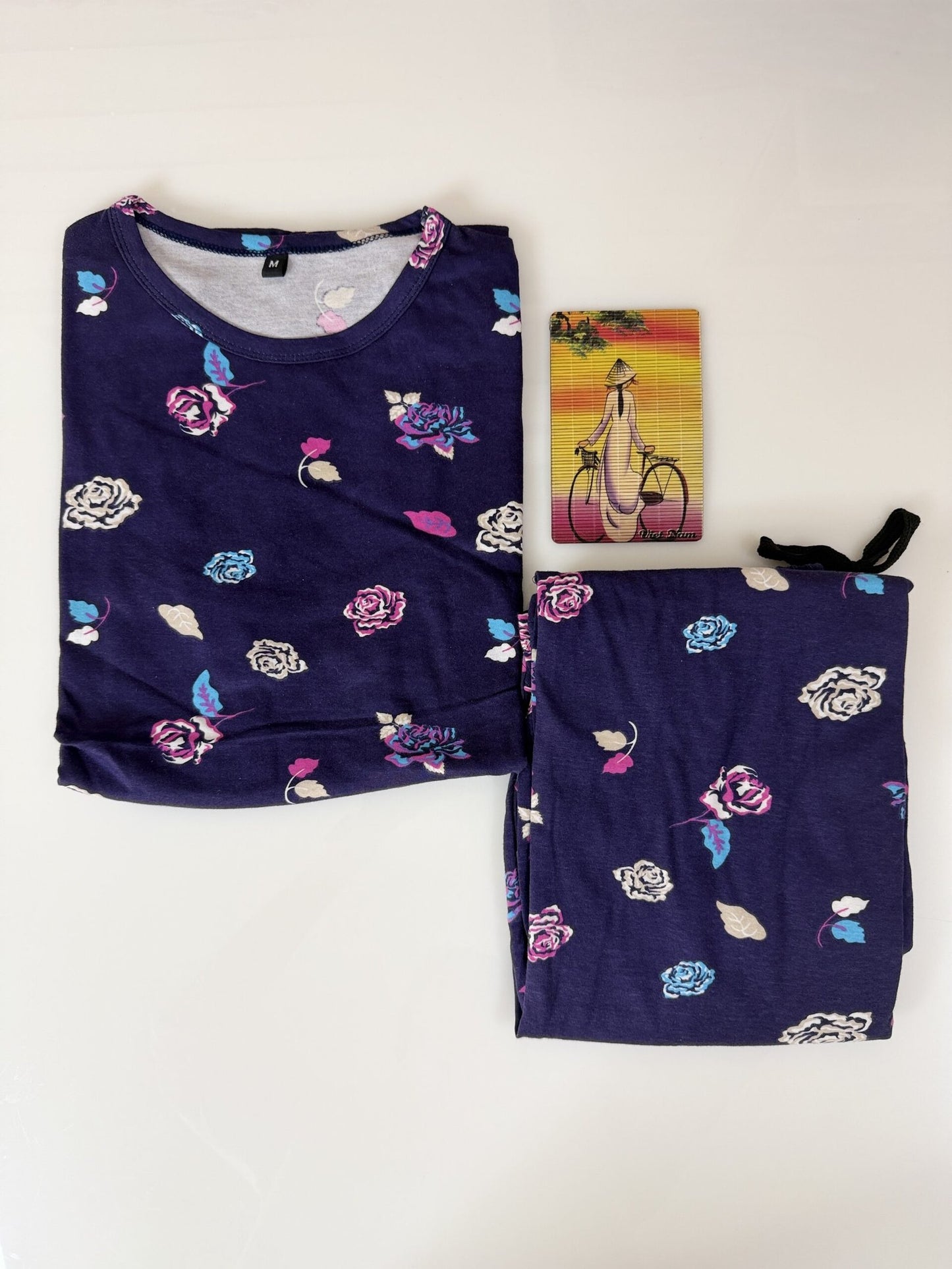 Navy Blue with Multicolor Rose Printed Feeding Top and Pant Set