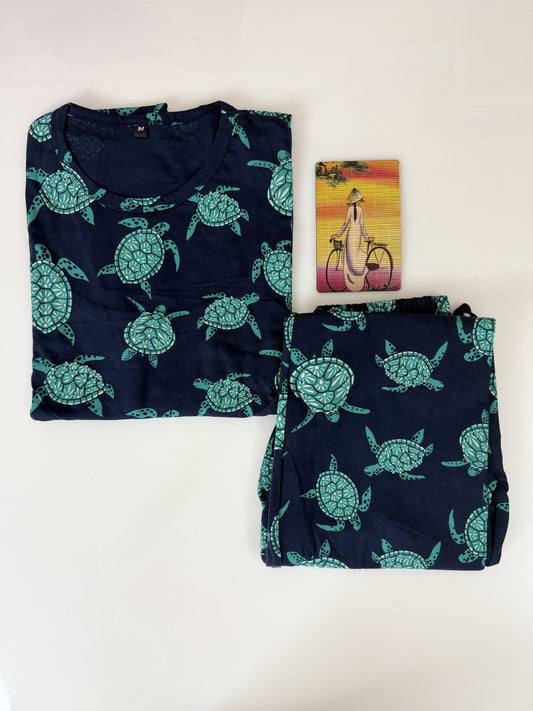 Navy Blue with Green Turtle Printed Feeding Top and Pant Set