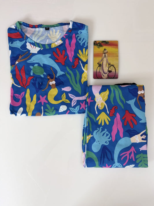 Sea Blue with Ocean Objects Printed Feeding Top and Pant Set