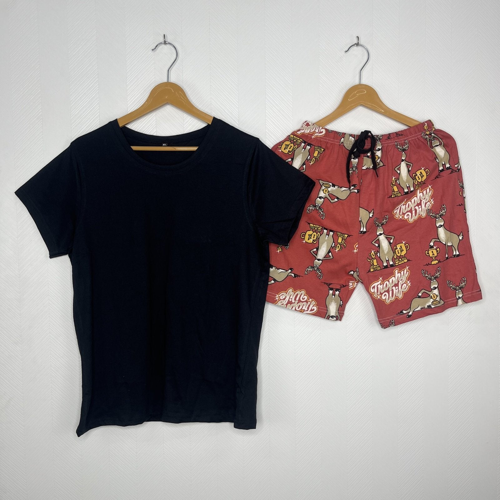 Black Solid T-Shirt with Red Trophy Wild Printed Shorts Co-Ord Set