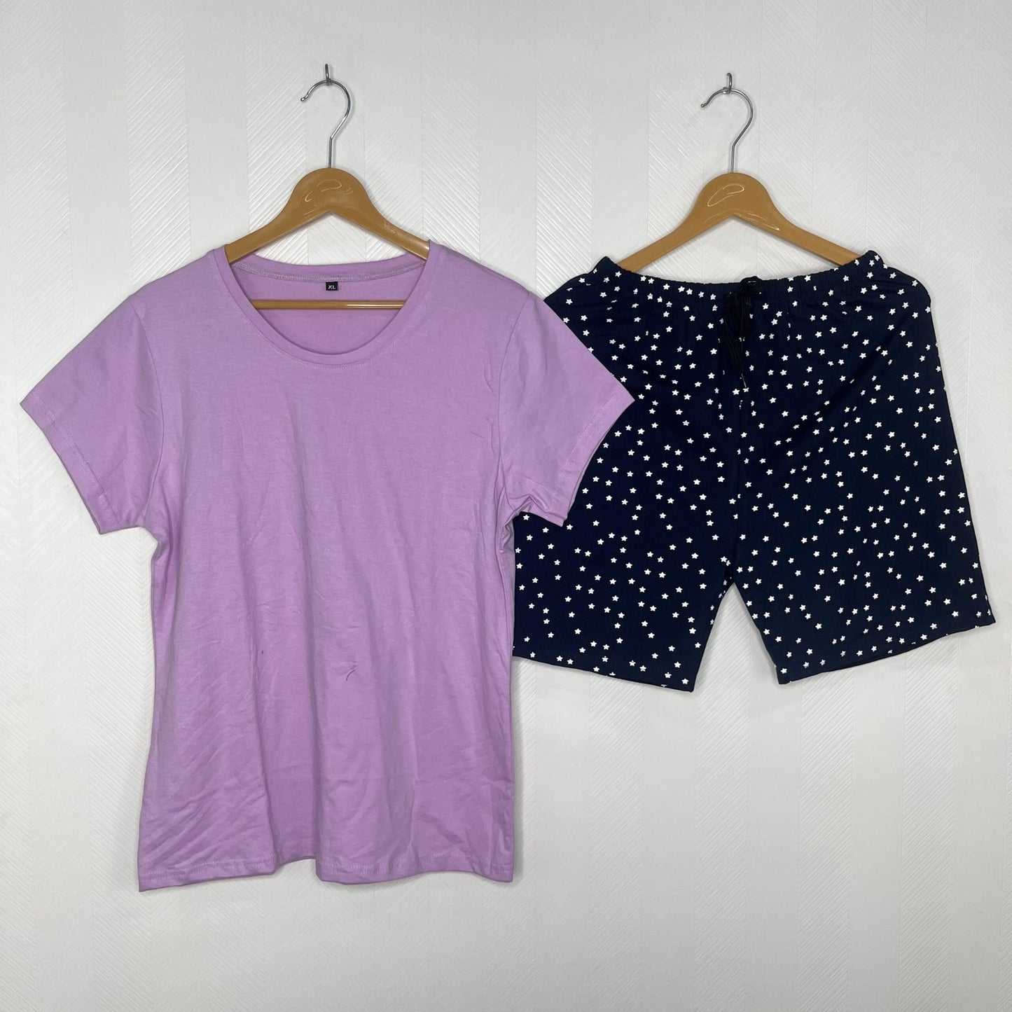 Lavender Solid T-Shirt with Navy Blue Star Printed Shorts Co-Ord Set