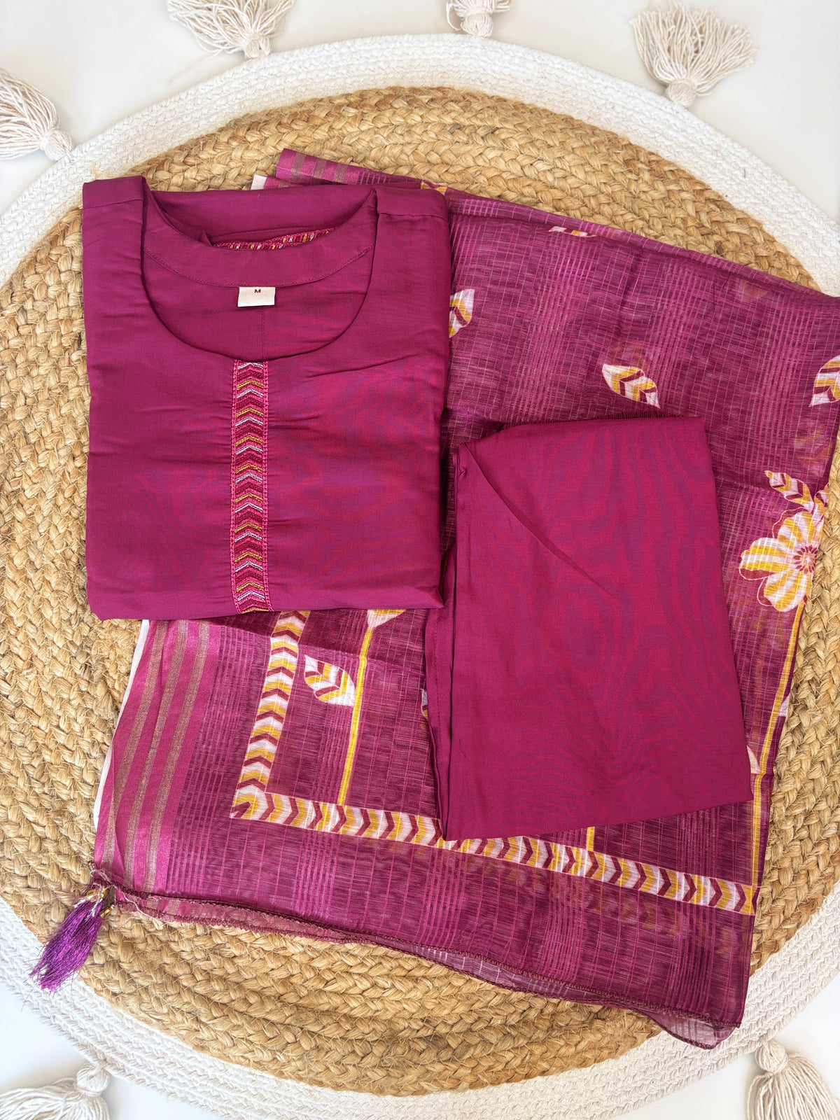 Maroon silk cotton 3 piece kurta set