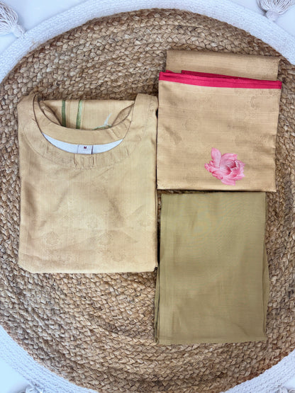 Mustard Yellow Pink Lotus Floral Print Blended Cotton digital print 3 piece kurta set