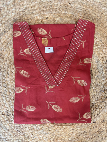 Coral Red Golden Leaf Printed Kurti Top