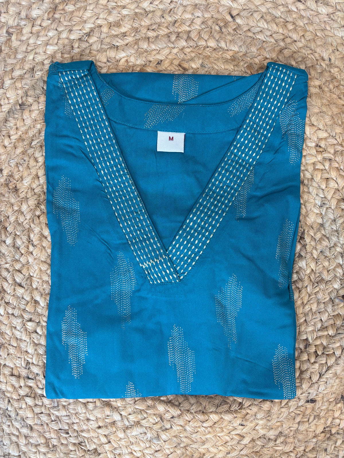 Teal Blue Silver Buti Straight Kurti Top
