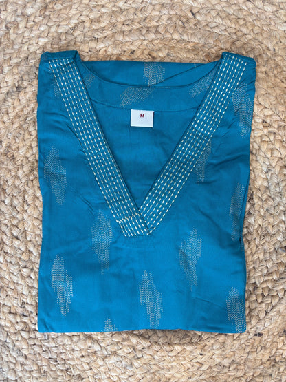 Teal Blue Silver Buti Straight Kurti Top