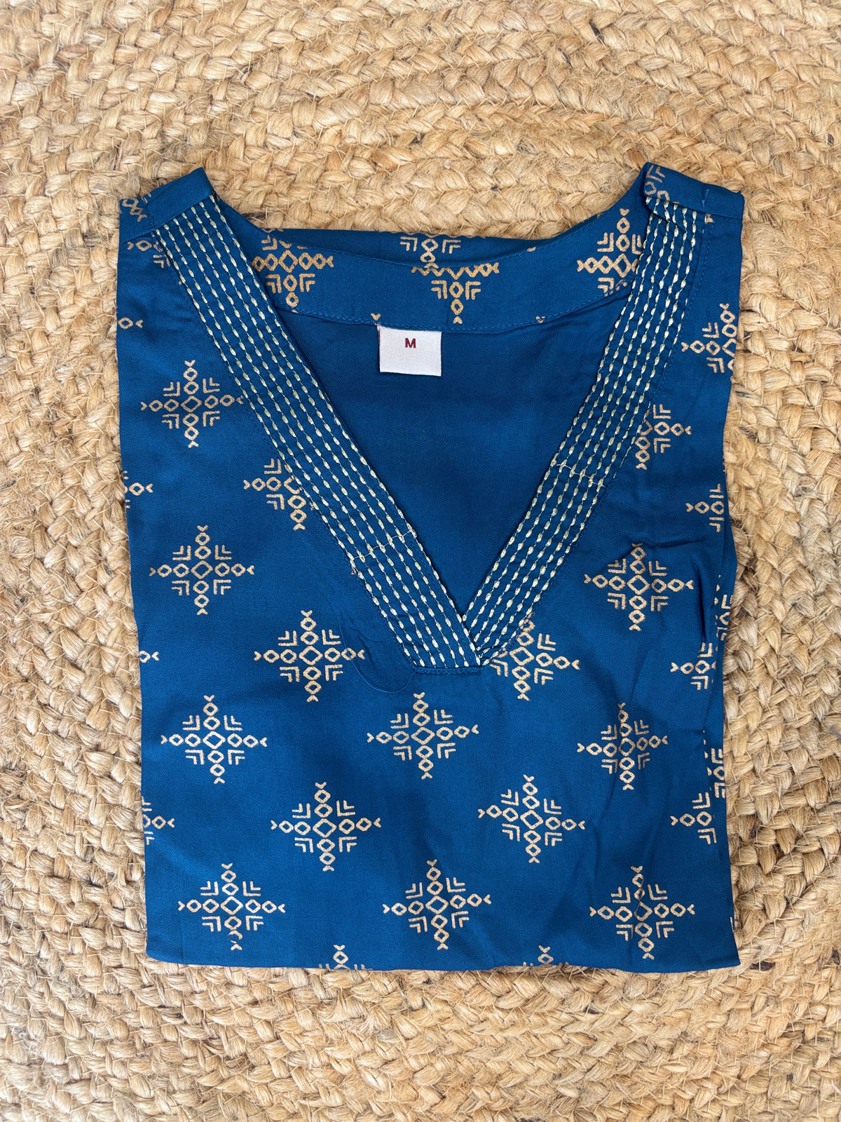 Royal Blue Golden Geometric Print Straight Kurti Top