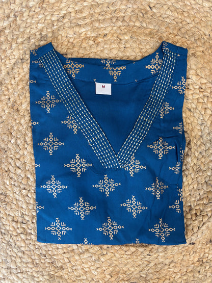 Royal Blue Golden Geometric Print Straight Kurti Top