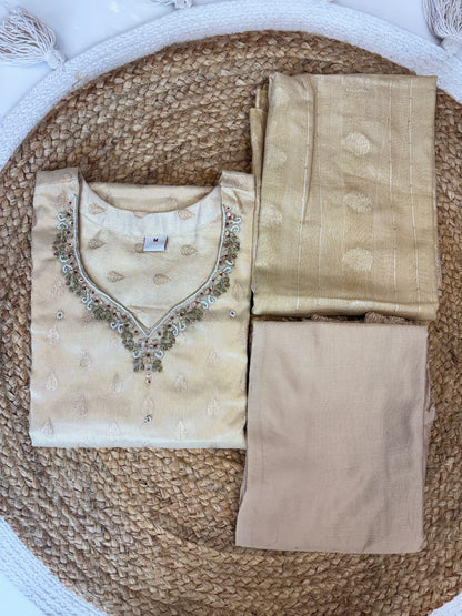 Mustard Gold Elegant silk embroidery 3 piece kurta set