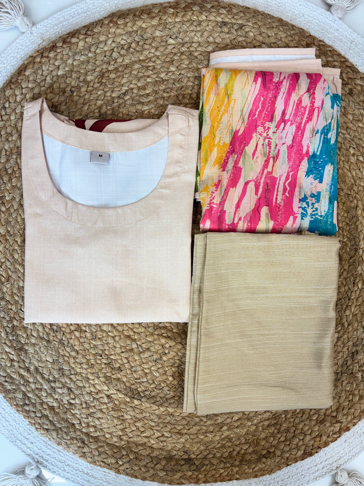 Peach Beige Multicolor Abstract Brushstroke Blended Cotton digital print 3 piece kurta set