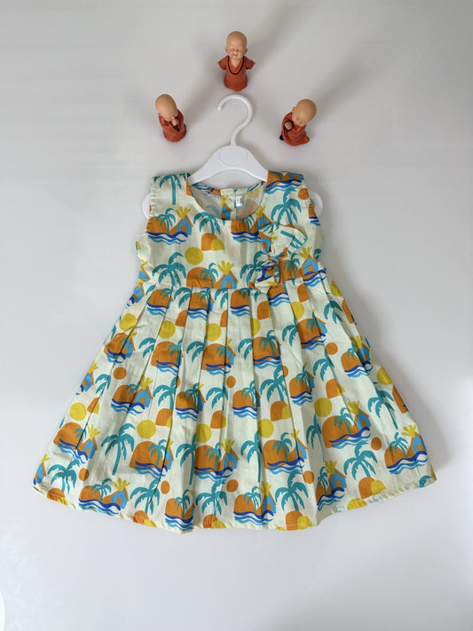 Cream Sleeveless Beach Theme Printed Girl’s Frock