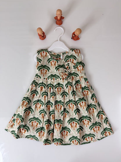 Creamy Sleeveless Coconunt Tree Printed Girl’s Frock