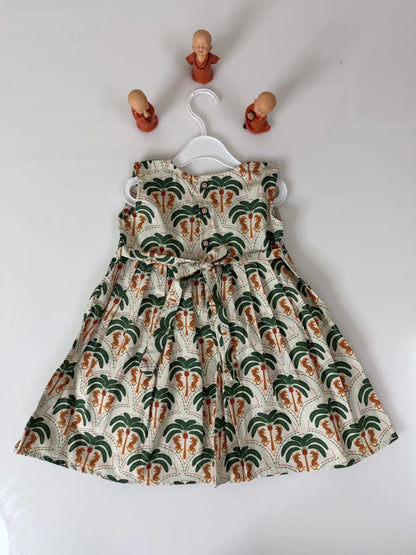 Creamy Sleeveless Coconunt Tree Printed Girl’s Frock