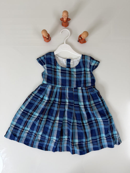 Navy Blue Sleeveless Plaid Pattern Printed Girl’s Frock
