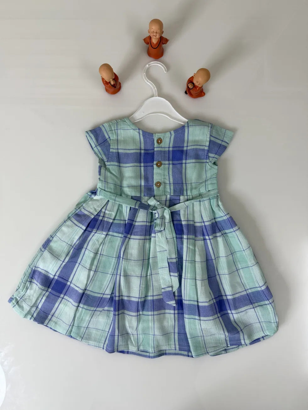 Seafoam Green Sleeveless Plaid Pattern Printed Girl’s Frock