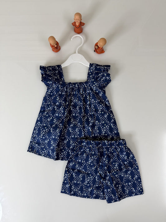 Navy Blue with Ditcy Floral Printed Top and Shorts Coord's