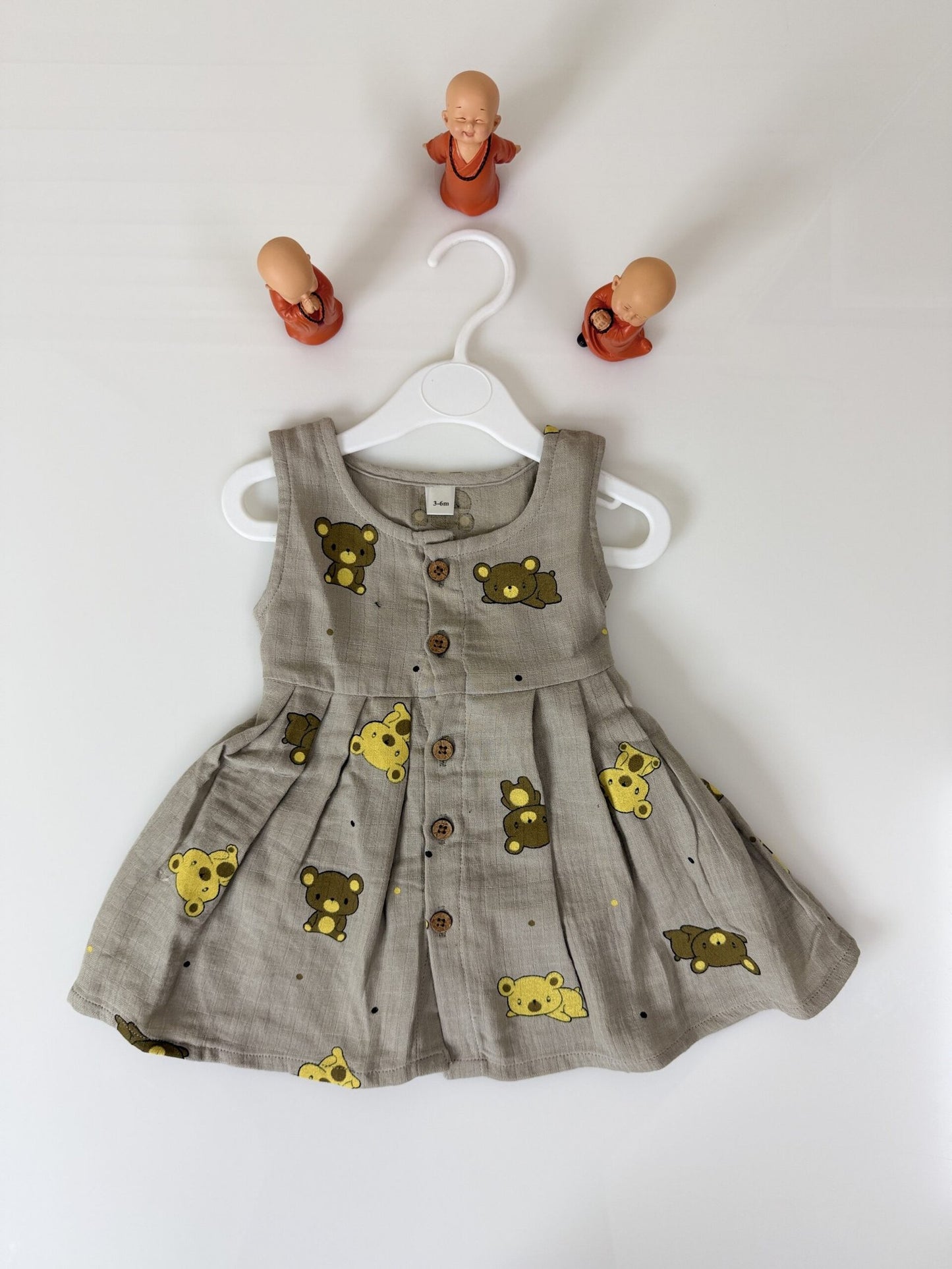 Grey Sleeveless Teddy Bear's Printed Girl’s Frock