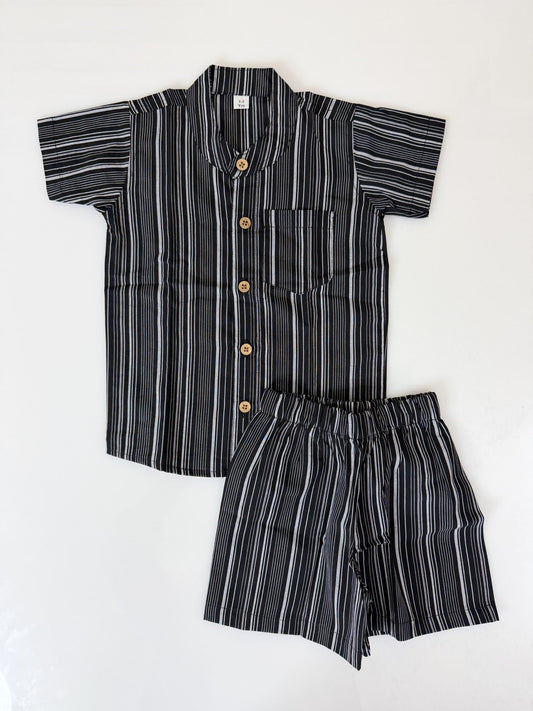 Black and Grey Horizontal Striped Printed Shirt and Shorts Coord's