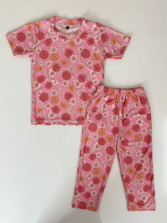 Spun Cotton Fabric Pink Floral Printed T-Shirt and Pant Co-ords