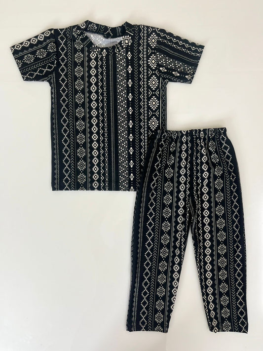Spun Cotton Fabric Black White Geometric Printed T-Shirt and Pant Co-ords