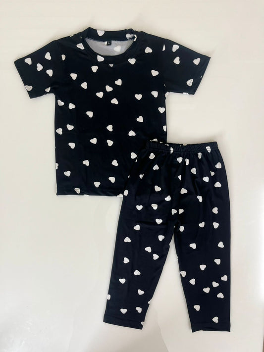 Spun Cotton Fabric Black Heart Printed T-Shirt and Pant Co-ords