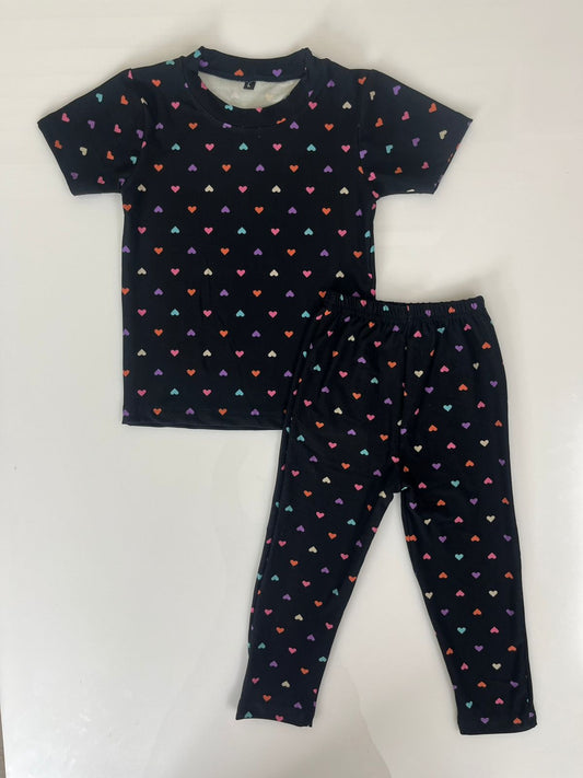Spun Cotton Fabric Black Multicolor Heart Printed T-Shirt and Pant Co-ords