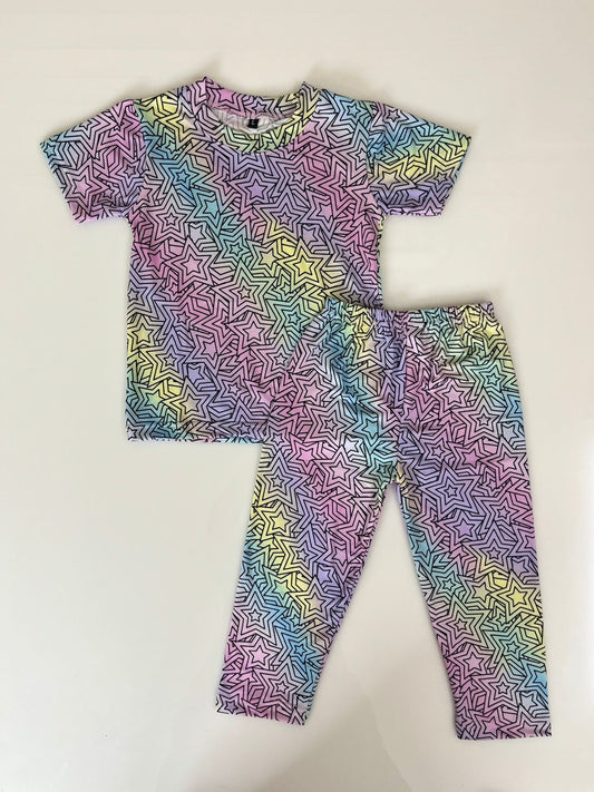 Spun Cotton Fabric Multicolor Star Printed T-Shirt and Pant Co-ords
