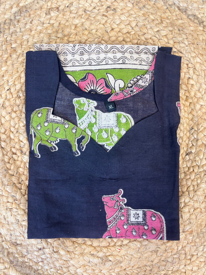 Black Kalamkari Cow & Lotus Floral Print Kurti Top