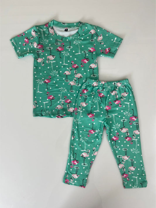 Spun Cotton Fabric Green Flamingo Printed T-Shirt and Pant Co-ords