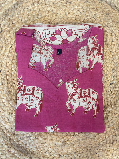 Berry Pink Kalamkari Cow Print Kurti Top
