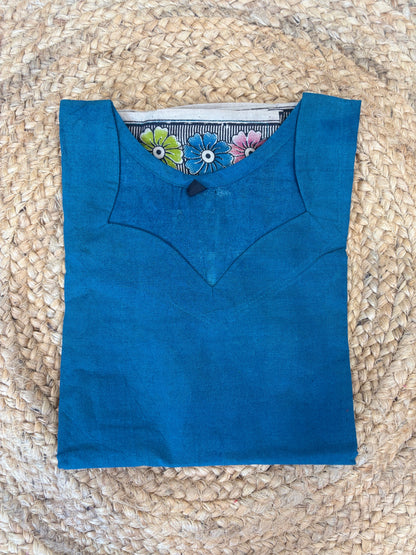 Peacock Teal Blue Kalamkari Kurti Top