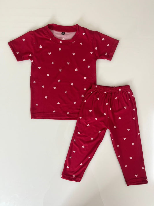 Spun Cotton Fabric Red Heart Printed T-Shirt and Pant Co-ords