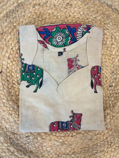 Beige Kalamkari Cow & Floral Print Kurti Top